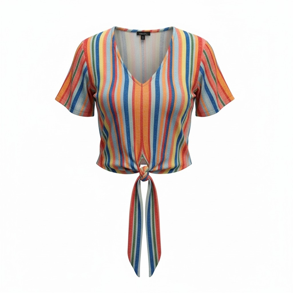 Rue21 Multicolor Striped Tie-Front V-Neck Crop Top